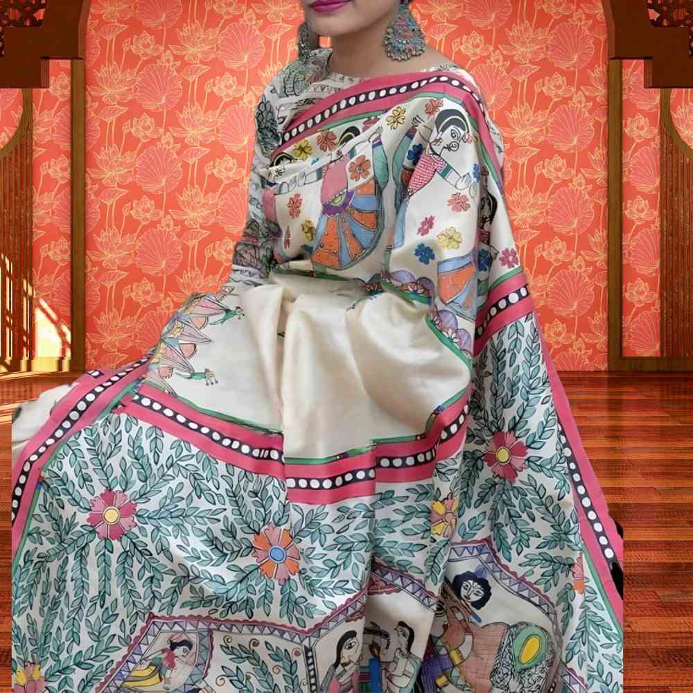 Krishna Leela Madhubani Painting Saree